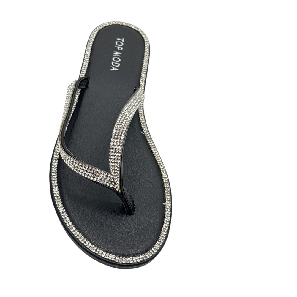 Top Moda Haiti-1 Womens Rhinestone Embellished Thong Sandals Black Size 7.5